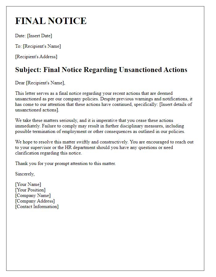 Letter template of final notice regarding unsanctioned actions