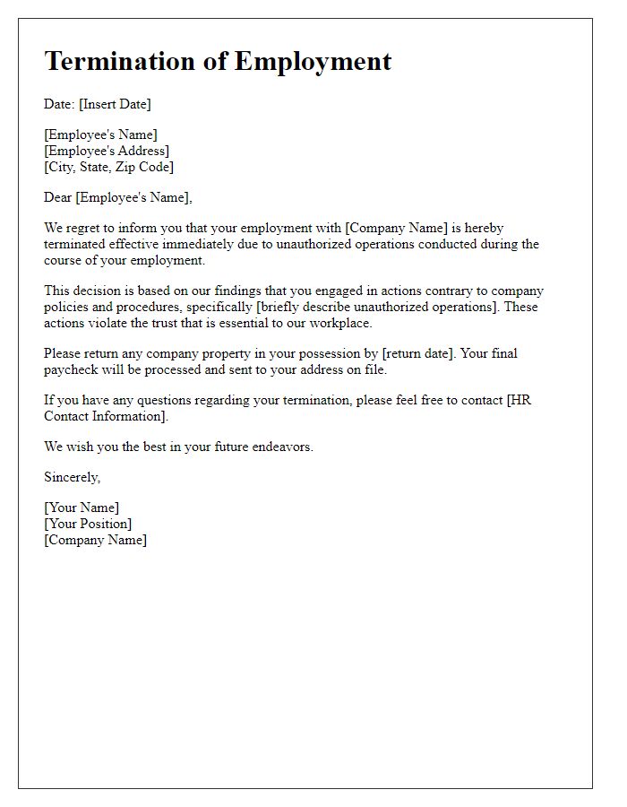 Letter template of official termination due to unauthorized operations