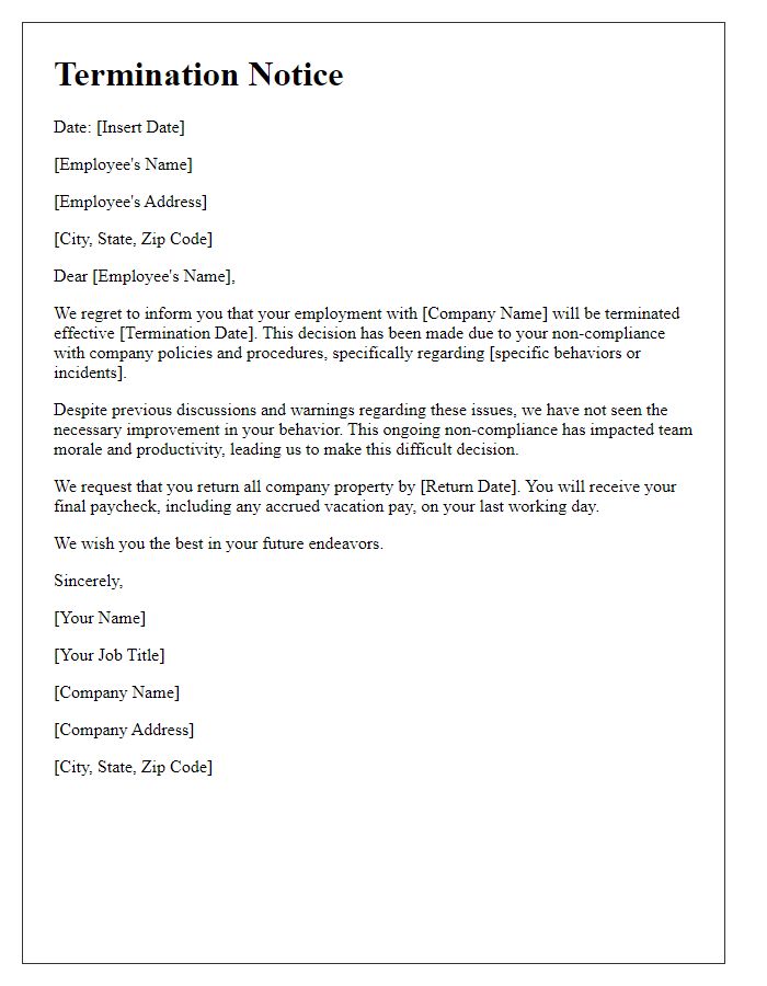 Letter template of termination notice for non-compliant behavior