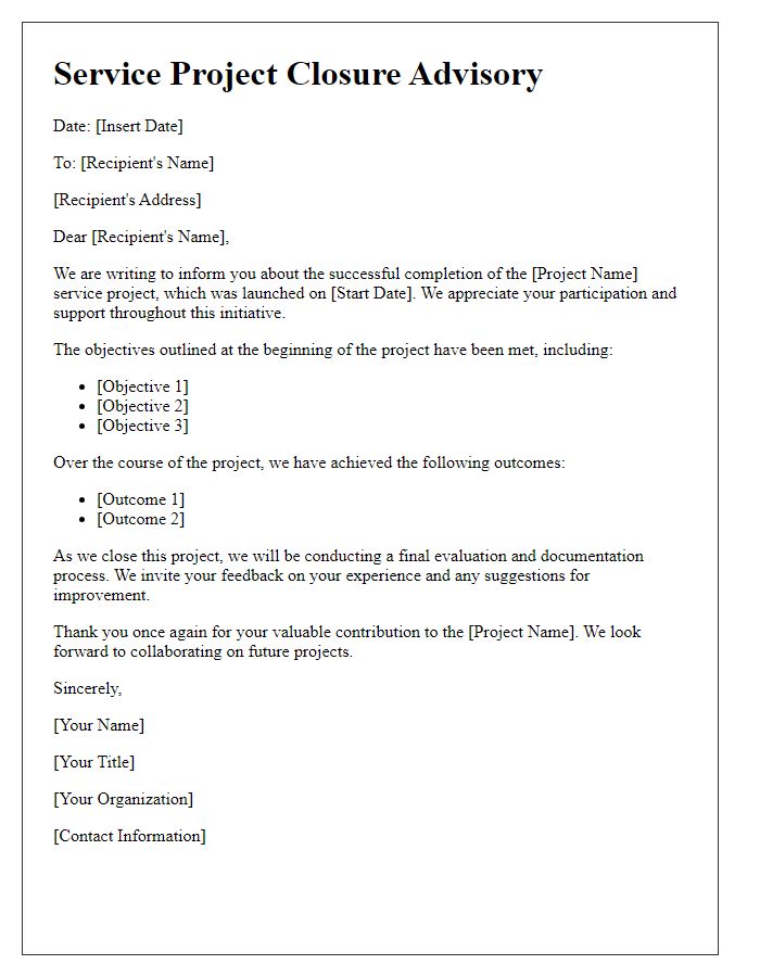 Letter template of service project closure advisory