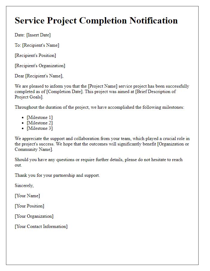 Letter template of service project completion notification