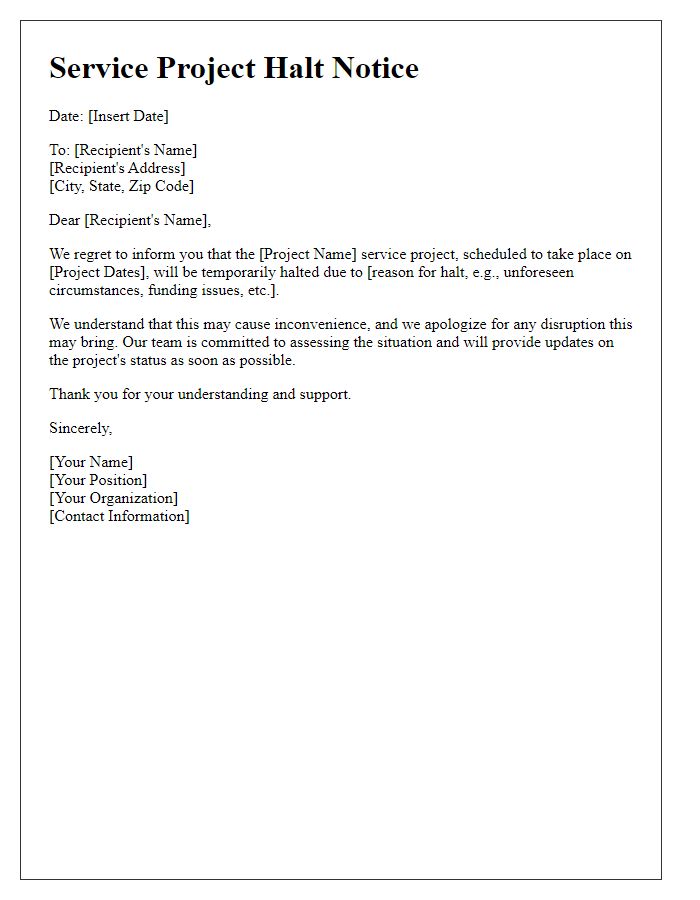 Letter template of service project halt notice