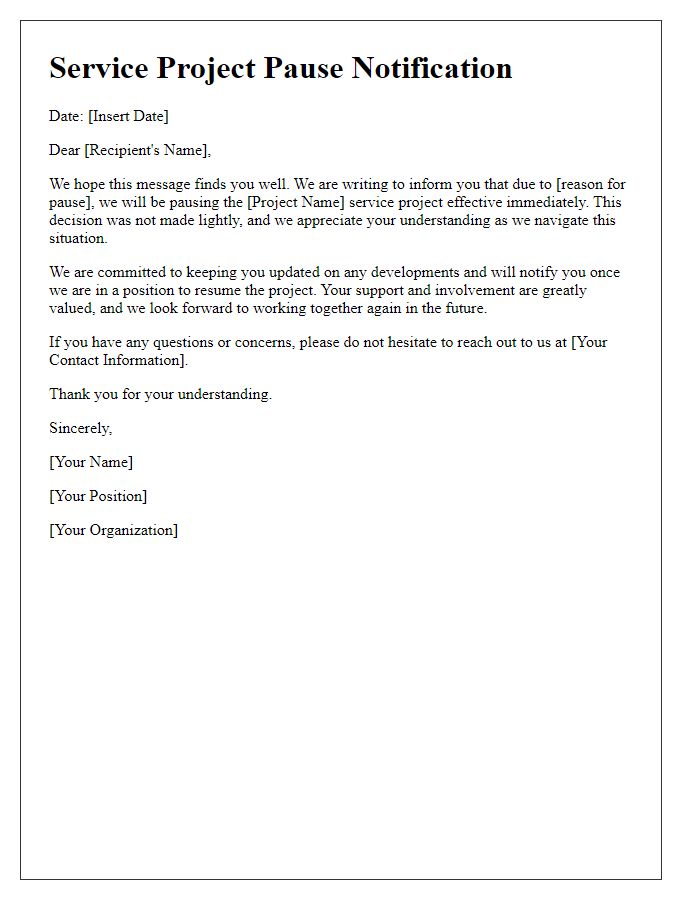 Letter template of service project pause notification