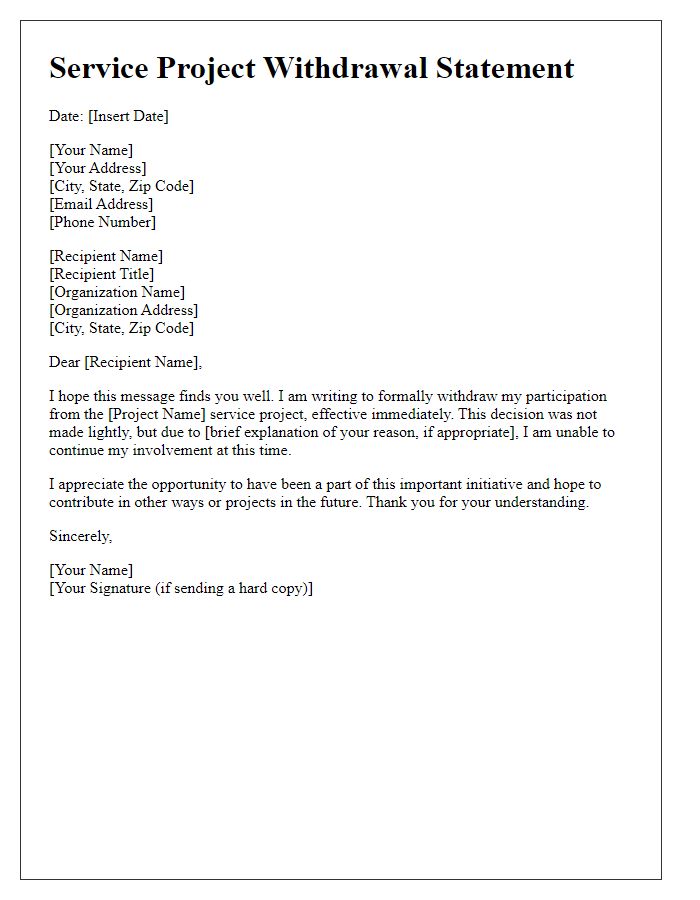 Letter template of service project withdrawal statement