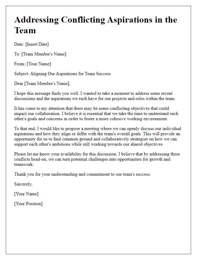 Letter template of addressing conflicting aspirations in the team