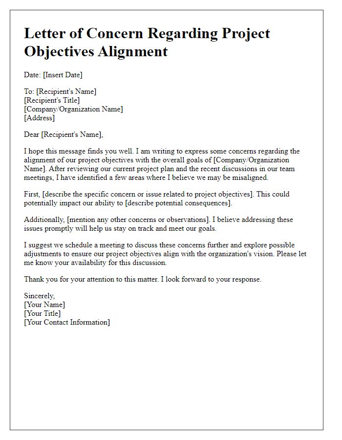 Letter template of alignment concerns regarding project objectives