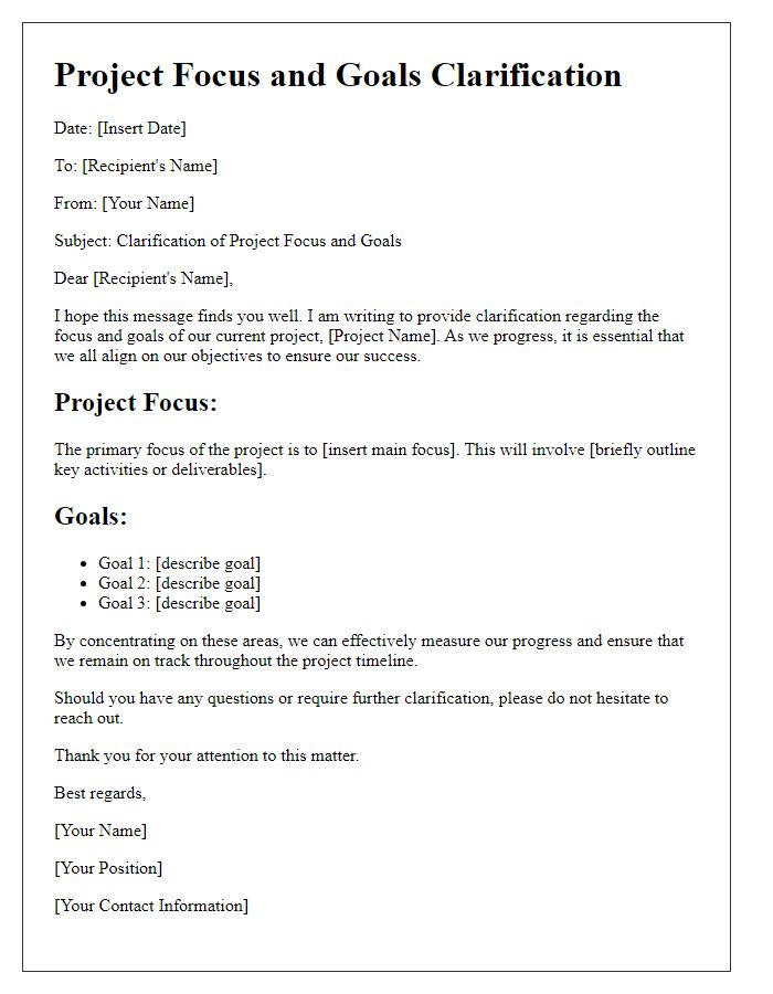 Letter template of clarifying project focus and goals