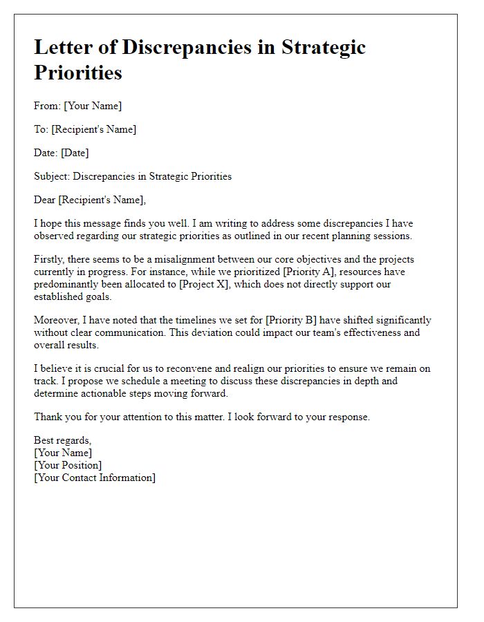 Letter template of discrepancies in strategic priorities