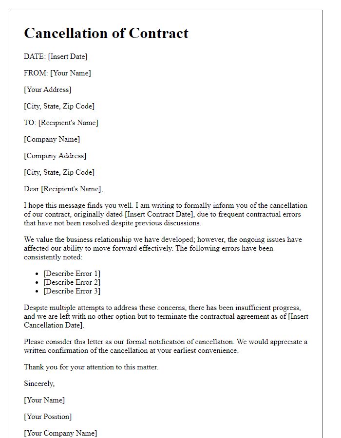 Letter template of cancellation due to frequent contractual errors