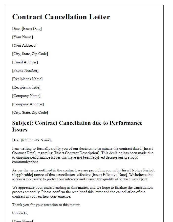 Letter template of contract cancellation for ongoing performance issues