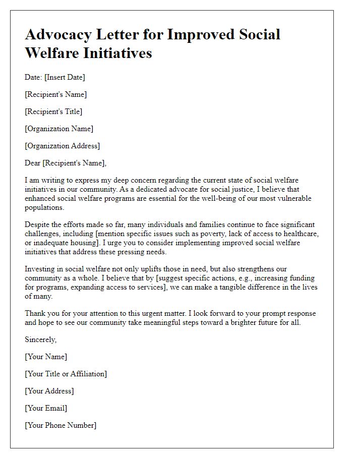 Letter template of advocacy for improved social welfare initiatives