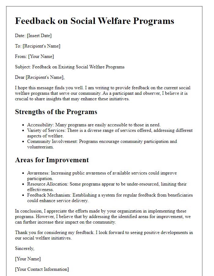 Letter template of feedback on existing social welfare programs