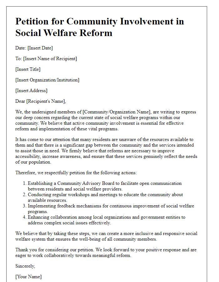 Letter template of petition for community involvement in social welfare reform