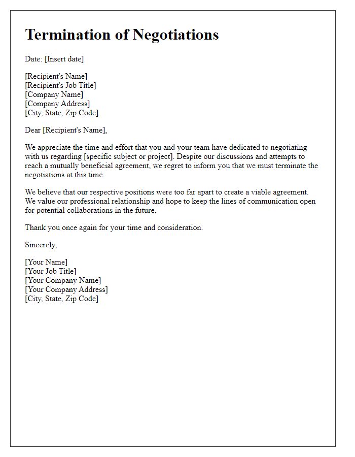 Letter template of termination after unsuccessful negotiations