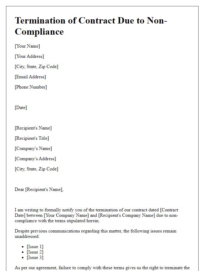 Letter template of termination due to contract non-compliance