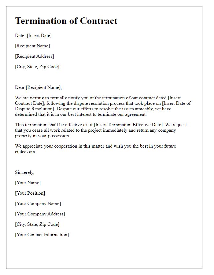 Letter template of termination following dispute resolution