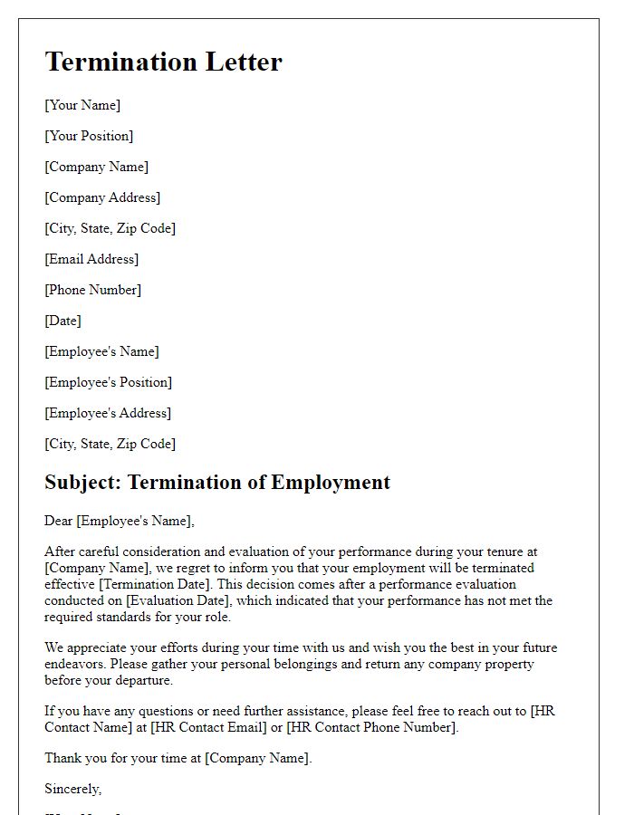 Letter template of termination following performance evaluation