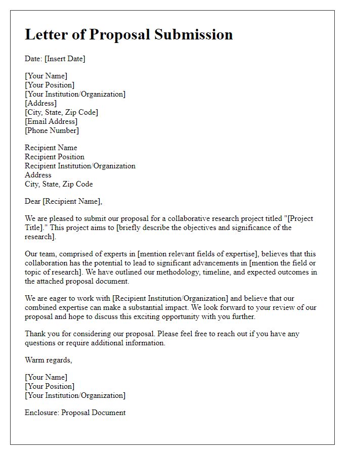 Letter template of proposal submission for collaborative research project.