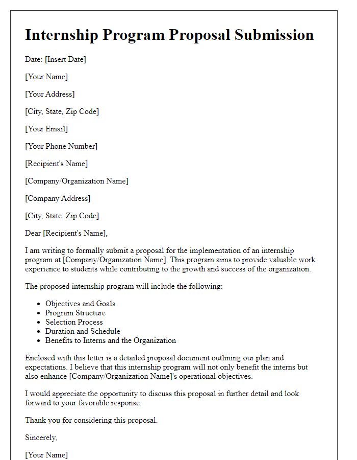 Letter template of proposal submission for internship program implementation.