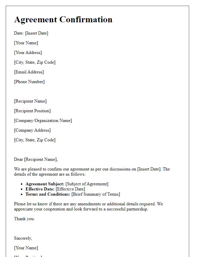 Letter template of Agreement Confirmation