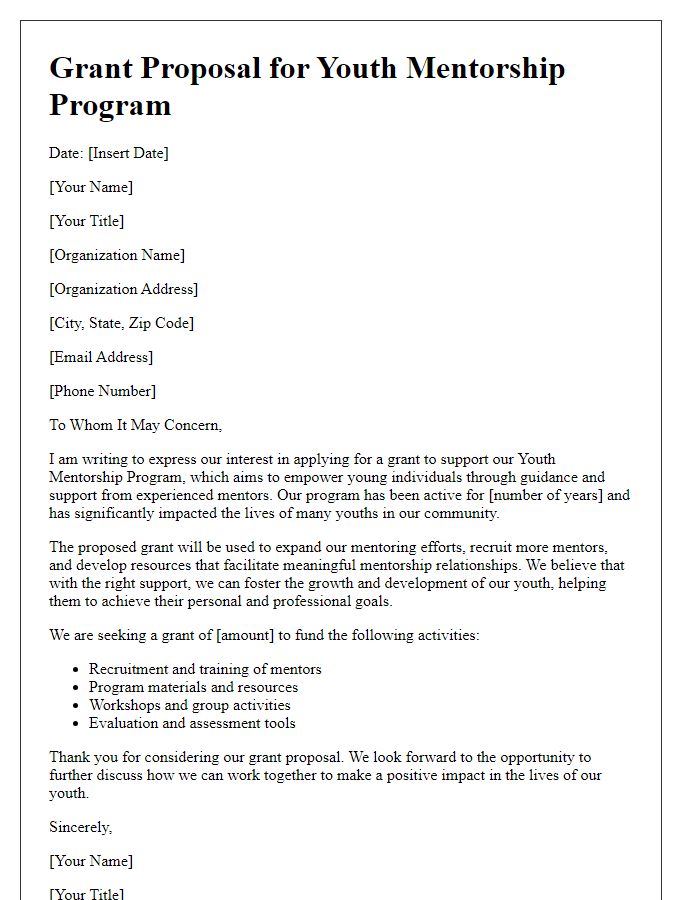 Letter template of grant proposal for youth mentorship program