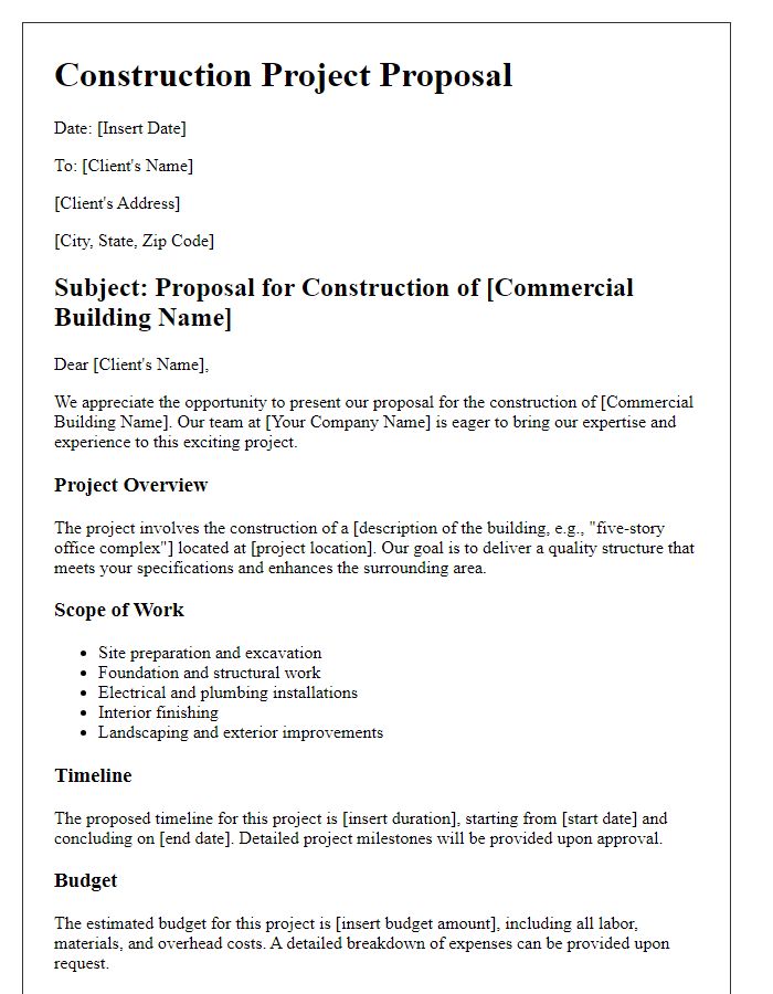 Letter template of construction project proposal for commercial building.