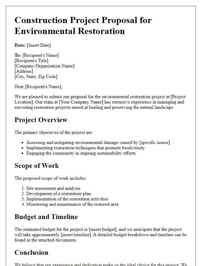 Letter template of construction project proposal for environmental restoration.