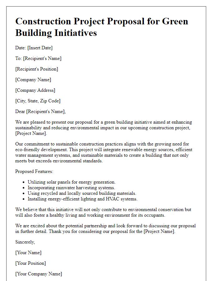 Letter template of construction project proposal for green building initiatives.