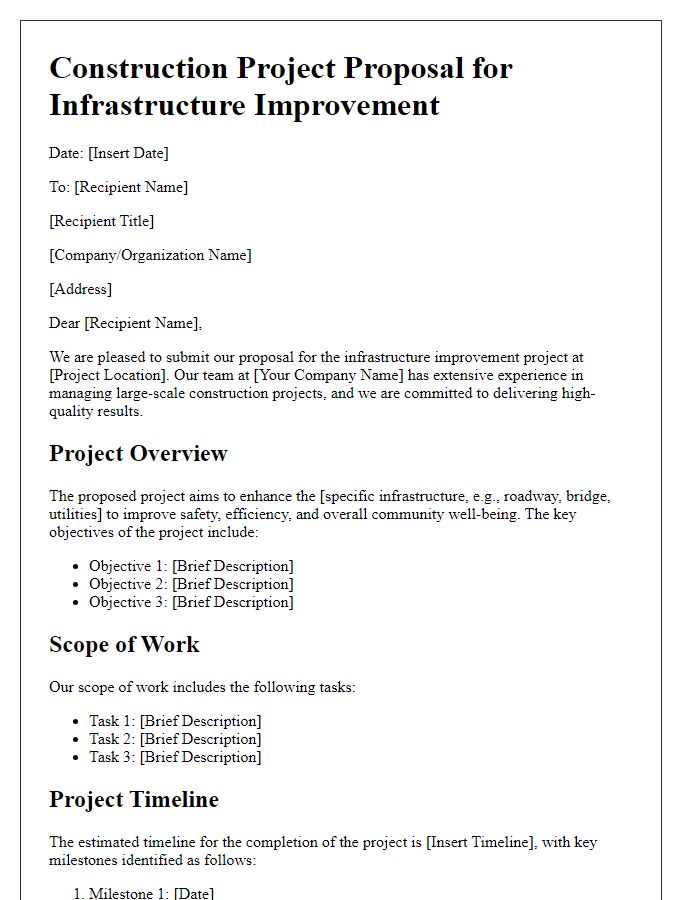 Letter template of construction project proposal for infrastructure improvement.