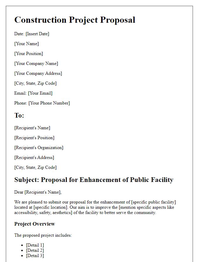 Letter template of construction project proposal for public facility enhancement.