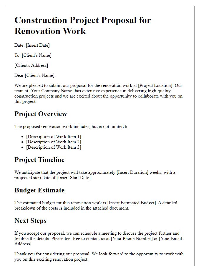 Letter template of construction project proposal for renovation work.