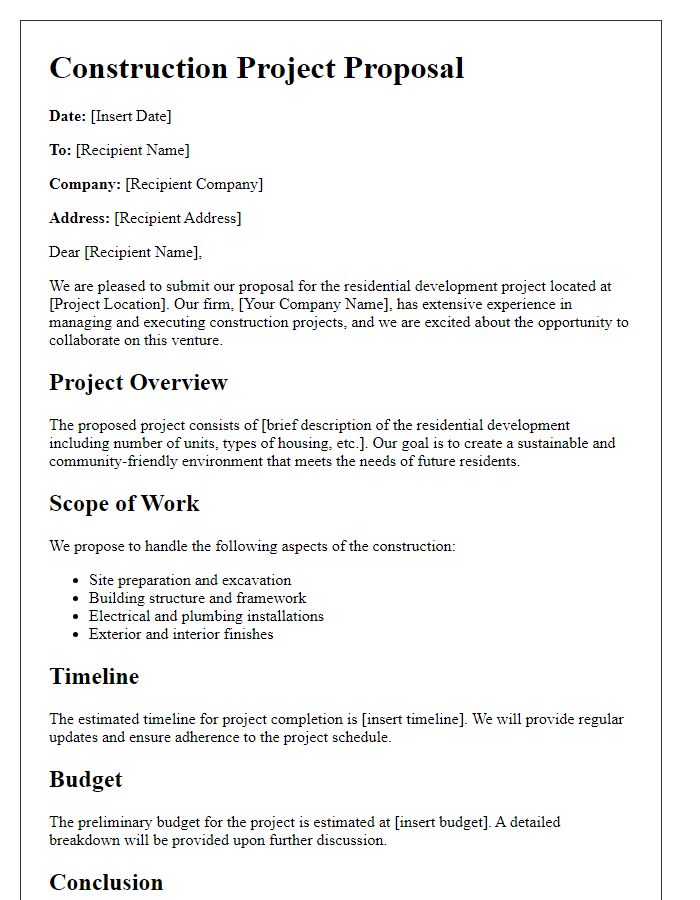 Letter template of construction project proposal for residential development.