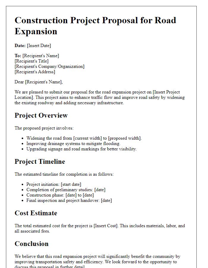 Letter template of construction project proposal for road expansion.