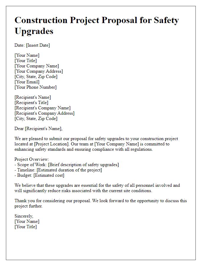 Letter template of construction project proposal for safety upgrades.