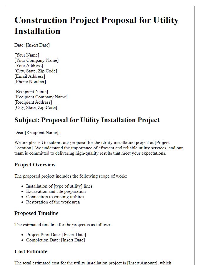 Letter template of construction project proposal for utility installation.