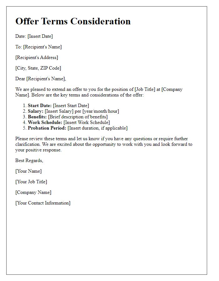 Letter template of offer terms consideration