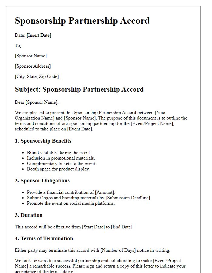 Letter template of sponsorship partnership accord