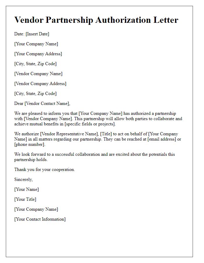 Letter template of vendor partnership authorization