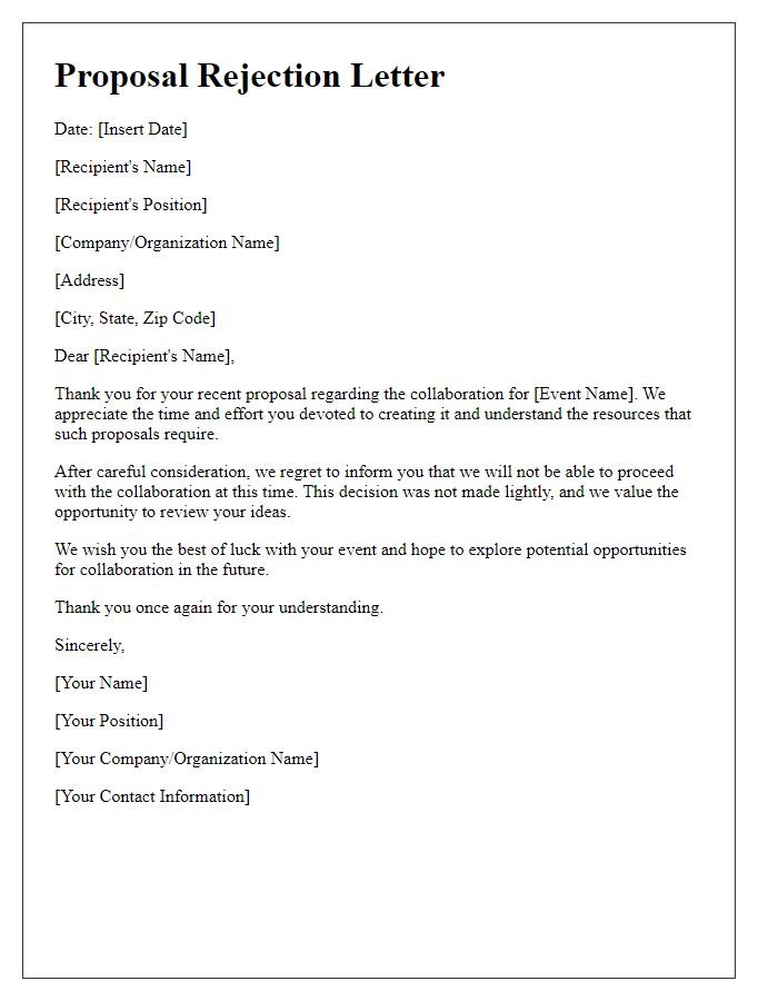 Letter template of formal proposal rejection for an event collaboration.