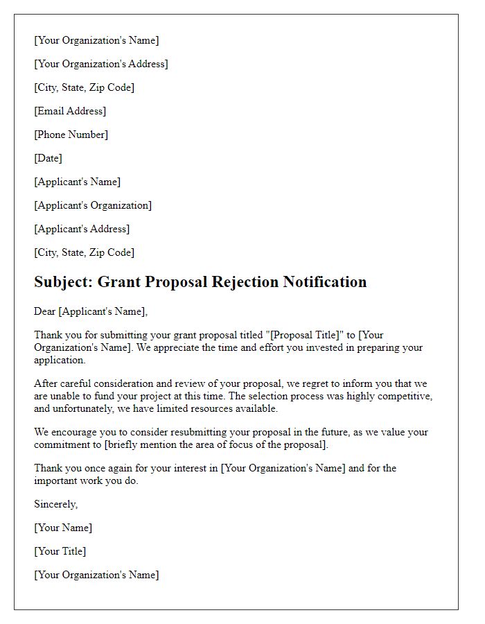 Letter template of formal proposal rejection for a grant application.