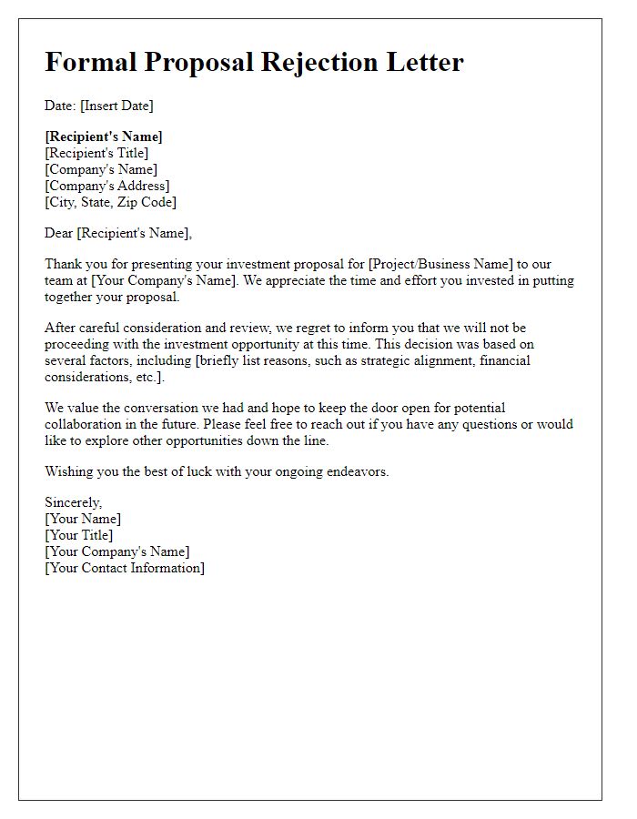 Letter template of formal proposal rejection for an investment opportunity.