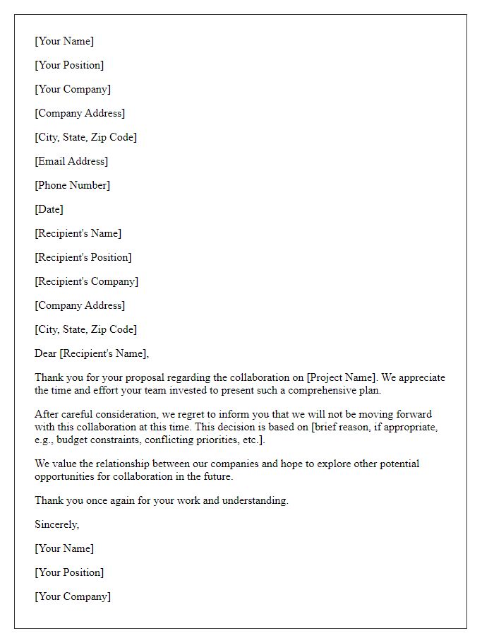 Letter template of formal proposal rejection for a project collaboration.