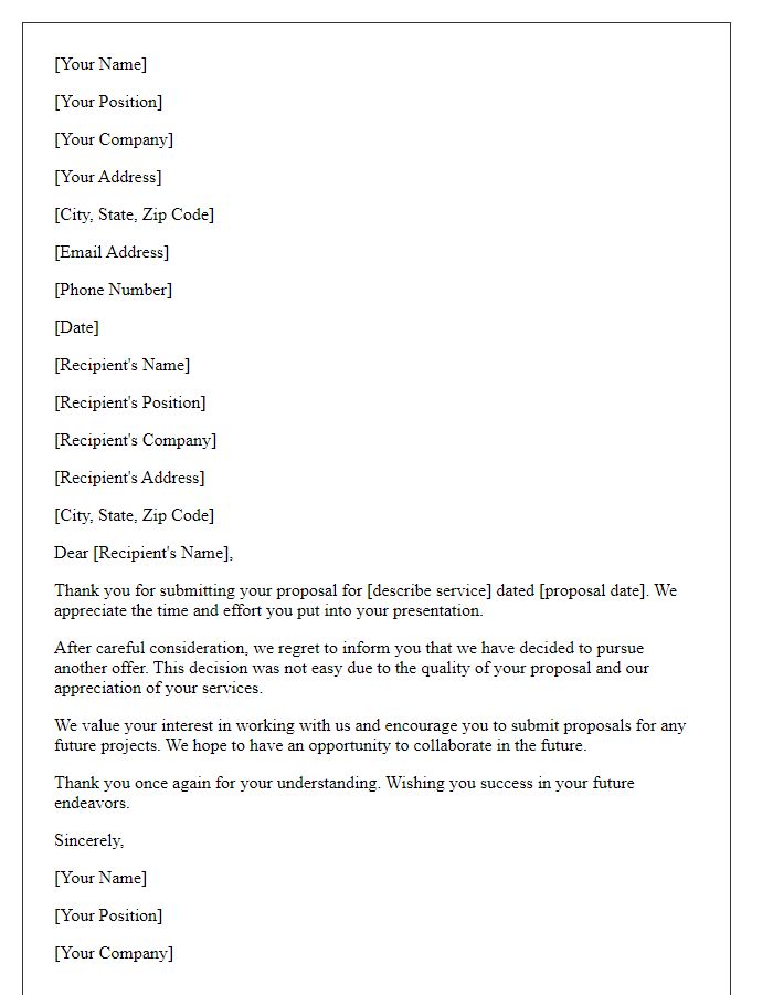 Letter template of formal proposal rejection for a service offer.