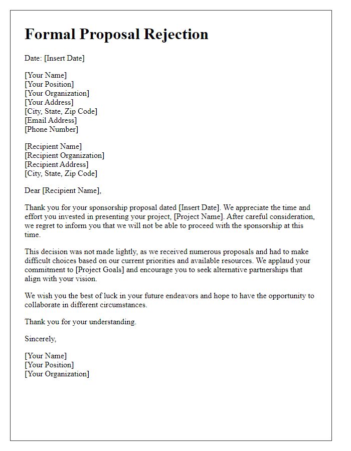 Letter template of formal proposal rejection for a sponsorship request.