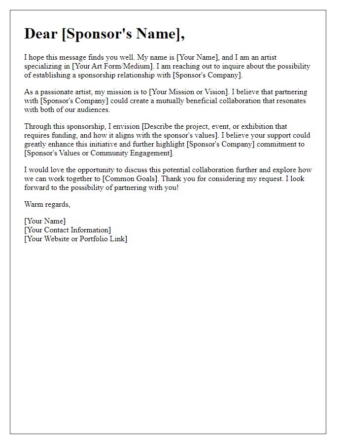 Letter template of artistic sponsorship inquiry