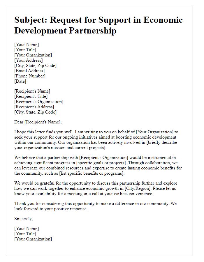 Letter template of solicitation for support in economic development partnership.