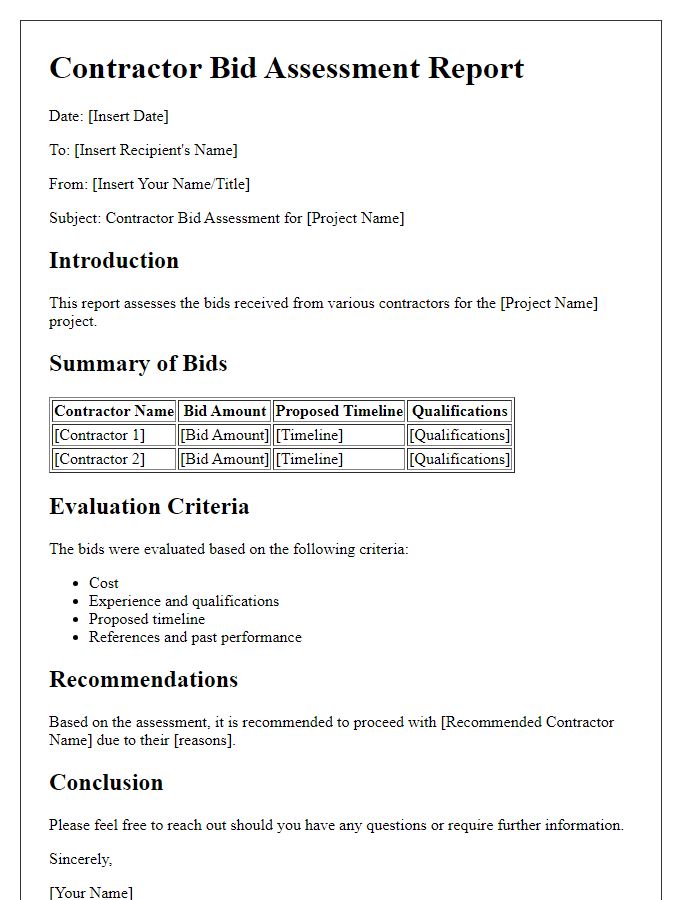 Letter template of contractor bid assessment report