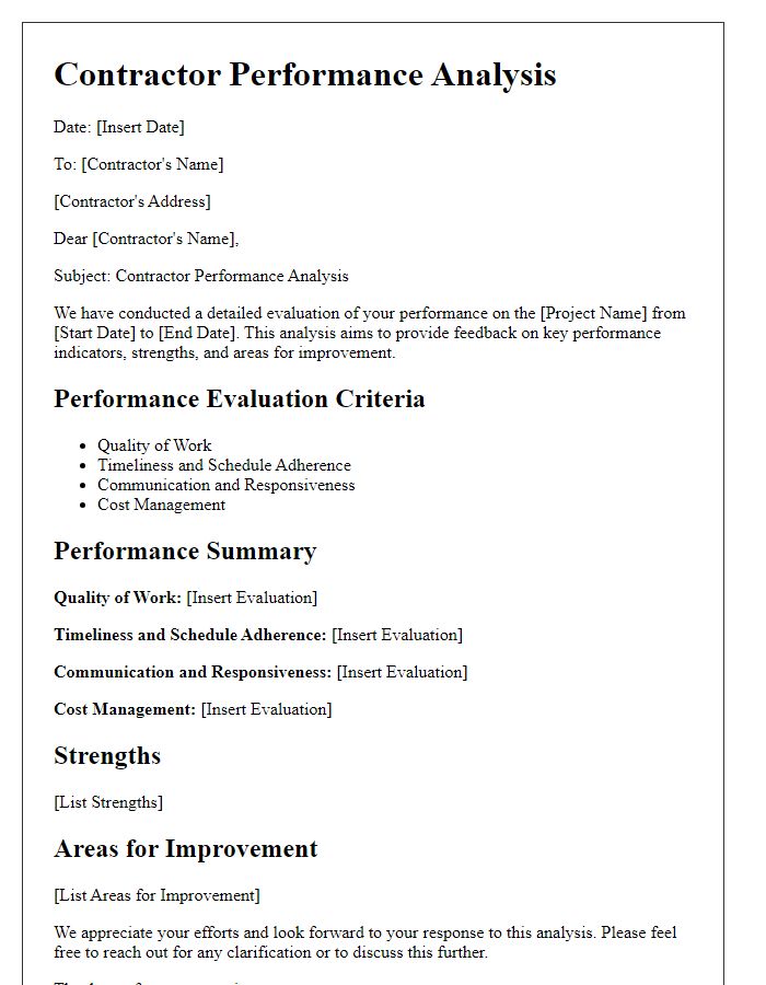 Letter template of contractor performance analysis