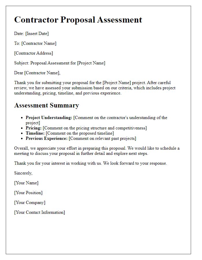 Letter template of contractor proposal assessment