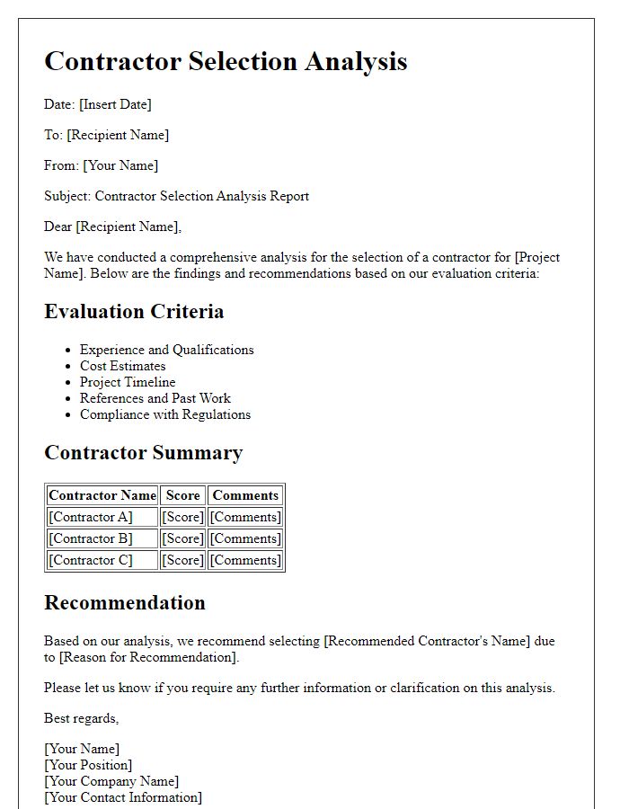 Letter template of contractor selection analysis